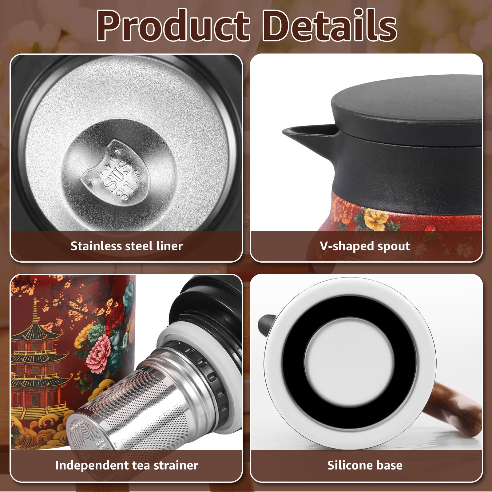 Qenwkxz Vintage Flower Pattern Teapot 33.82oz Vacuum Insulated Stainless Steel Thermal Teapot with Removable Infuser and Wood Handle for Home Office