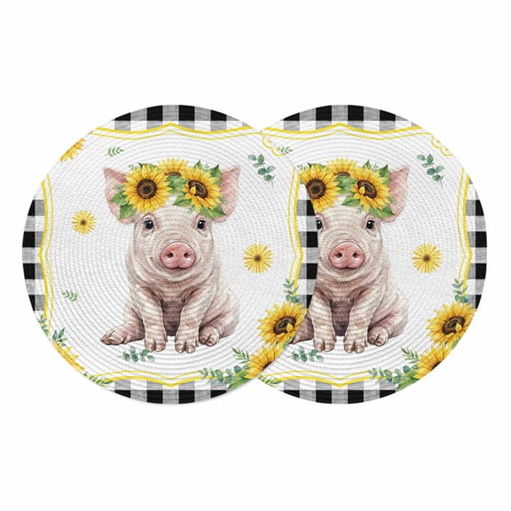 Sunflower Pig Round 13 Inch Placemats Set of 2, Summer Eucalyptus Black Buffalo Plaid HeatResistant Non Slip Place Mats for Dining Table, Wipeable Braided Kitchen Table Mats for Housewarming