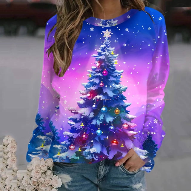 Amzcrzy Sweat-Shirt pour Femmes Noël Mode Décontractée Imprimé Col Rond Ample Manches Longues Blouse Chandails en Molleton Chandails en Molleton de Noël Manches Longues pour Femmes Chandail Chandail en Molleton S