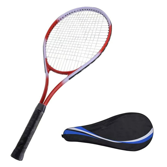 Inch Tennis Racquet, 27 Inch Tennis Racket with a red and white frame and black grip, featuring a broken wind frame design for enhanced stability and enlarged thread holes for smoother ball control. Includes a black storage bag with blue and white accents. Made of nylon and aluminum alloy, weighing approximately 250g (8.8oz).