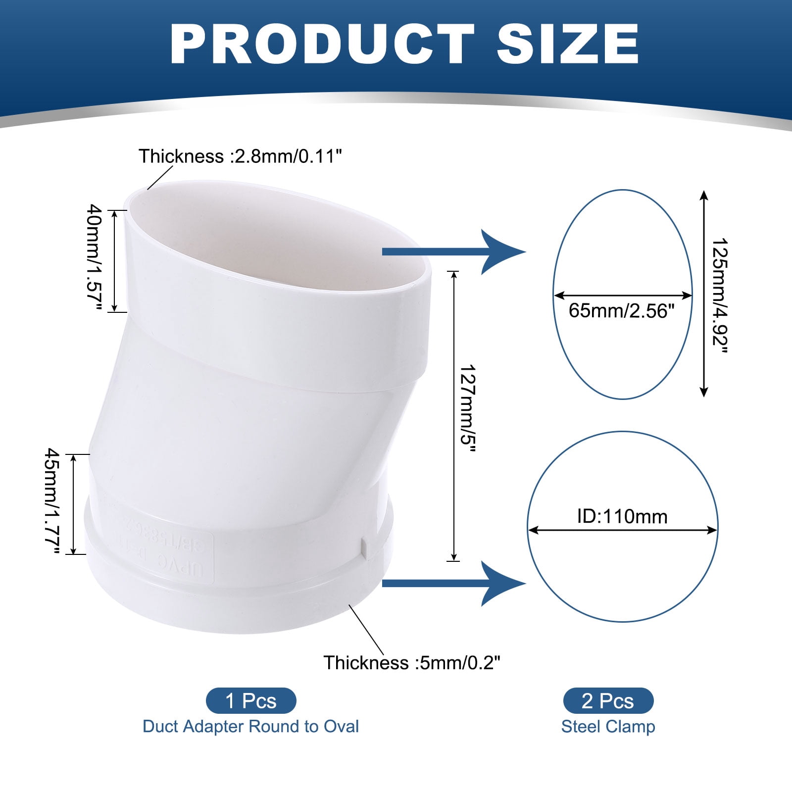 Uxcell Duct Adapter Round to Oval, Oval Recessed Dryer Vent Hose Connector Adapter with Stainless Steel Clamp, White