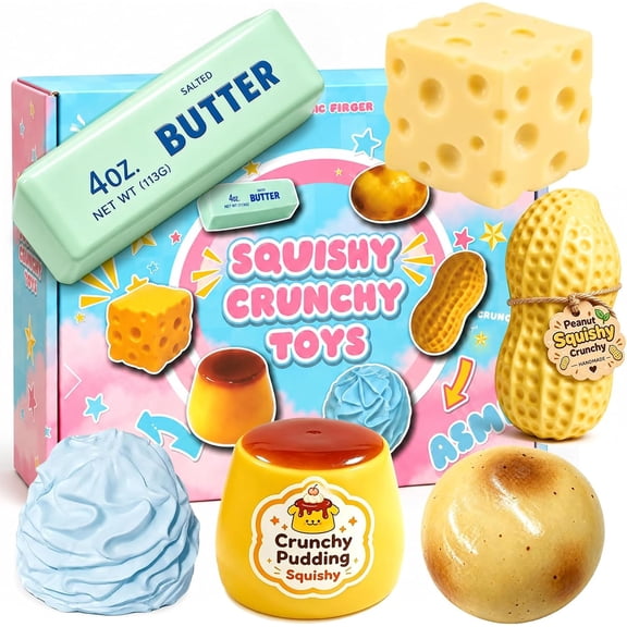 6 Pack Crunchy Squishy Mystery Box, Slow Rebound ASMR Crunchy Squishies Set, Butter Peanut Pudding Cream Cheese Potato Moldable Stress Relief Balls, Calming Desk Decor for Adults