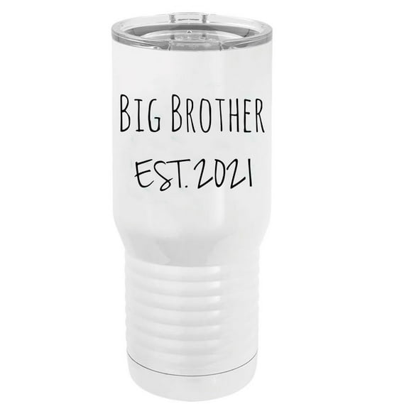 Big Brother Est. 2021 Established Stainless Steel Vacuum Double-Walled Insulated 20 Oz Tumbler Travel Coffee Mug with Clear Lid, White