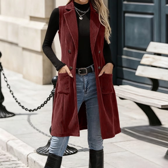 Aaihamo Women's Corduroy Waistcoat Sleeveless Button Down Open Front Casual Fall Jacket Solid Vest Outfit, Red M