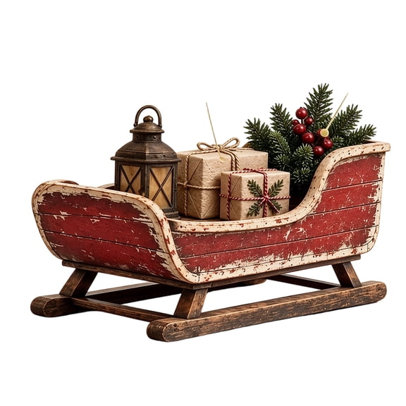 Vintage Christmas Eve Sleigh Figurine, Santa Sleigh Christmas Table Decor, Rustic Red Holiday Display with Gifts, Evergreen, Berries and Lantern for Mantel Shelf Entryway Home Decor