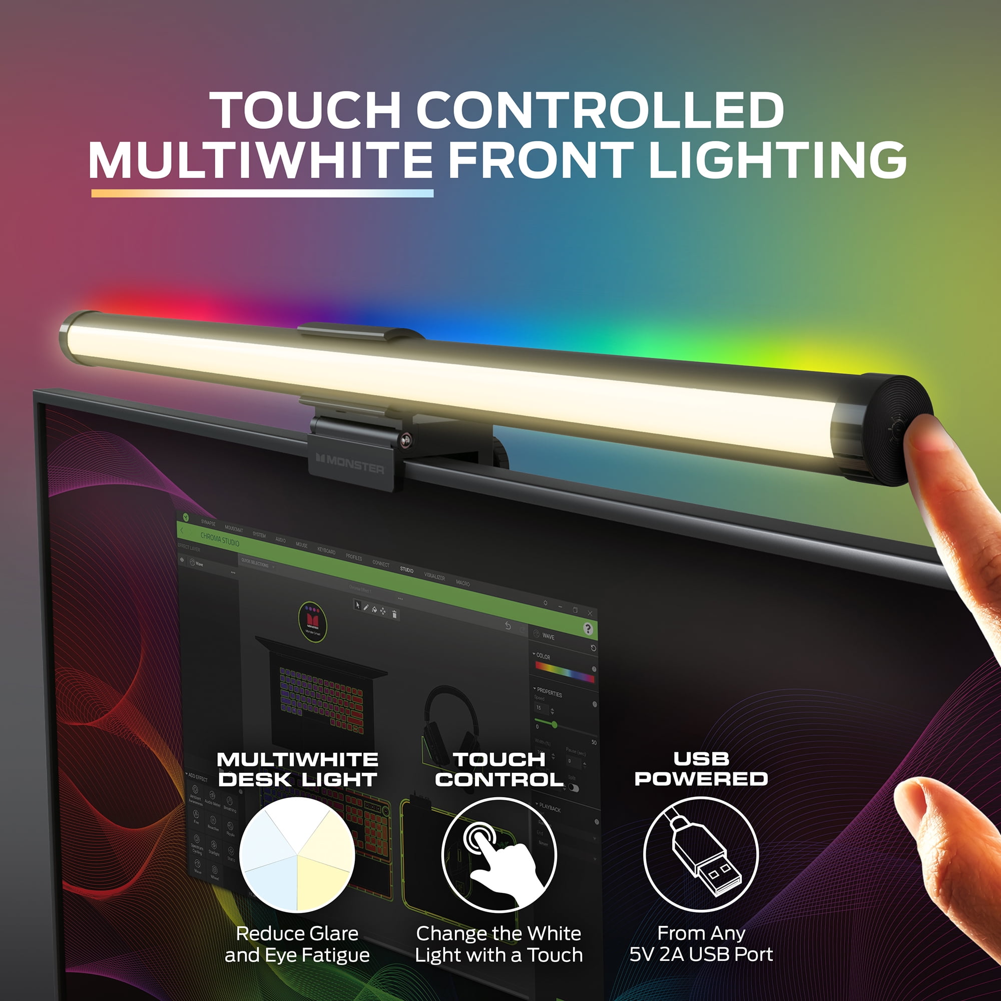 (3 pack) Monster LED Duo Monitor Light Bars with Smart Color Control & Razer Chroma Integration, for Christmas, Halloween, Party, Gameday and More