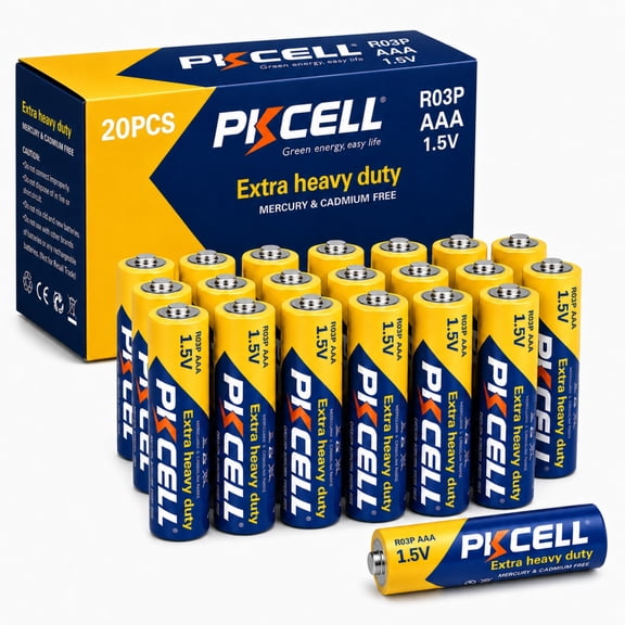 PKCELL Carbon Zinc AAA Batteries (20 Pack), 1.5V Extra Heavy Duty Triple A Batteries for Remote Control and Clocks
