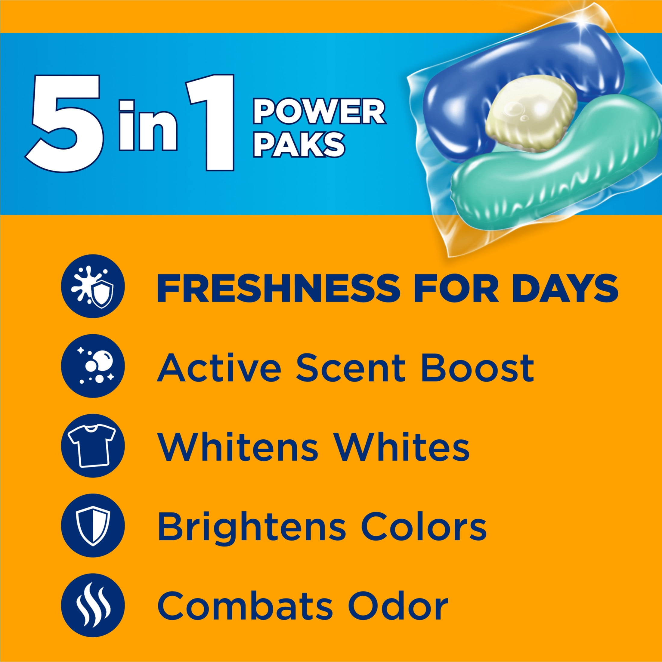 (4 pack) ARM & HAMMER Clean Burst 5-in-1 Laundry Detergent Power Paks, Powerfully Clean, Clean Burst Scent, 42 Count