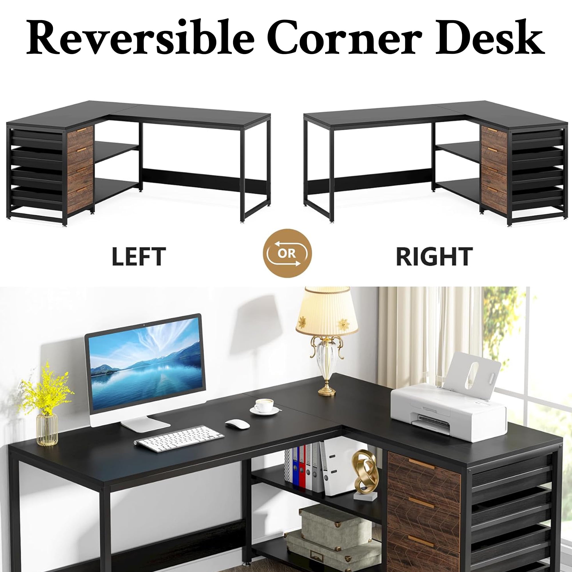 KIOOTTO 59" L-Shaped Computer Desk with 4 Drawers, Reversible Storage Cabinet and Large Corner Workstation, Brown