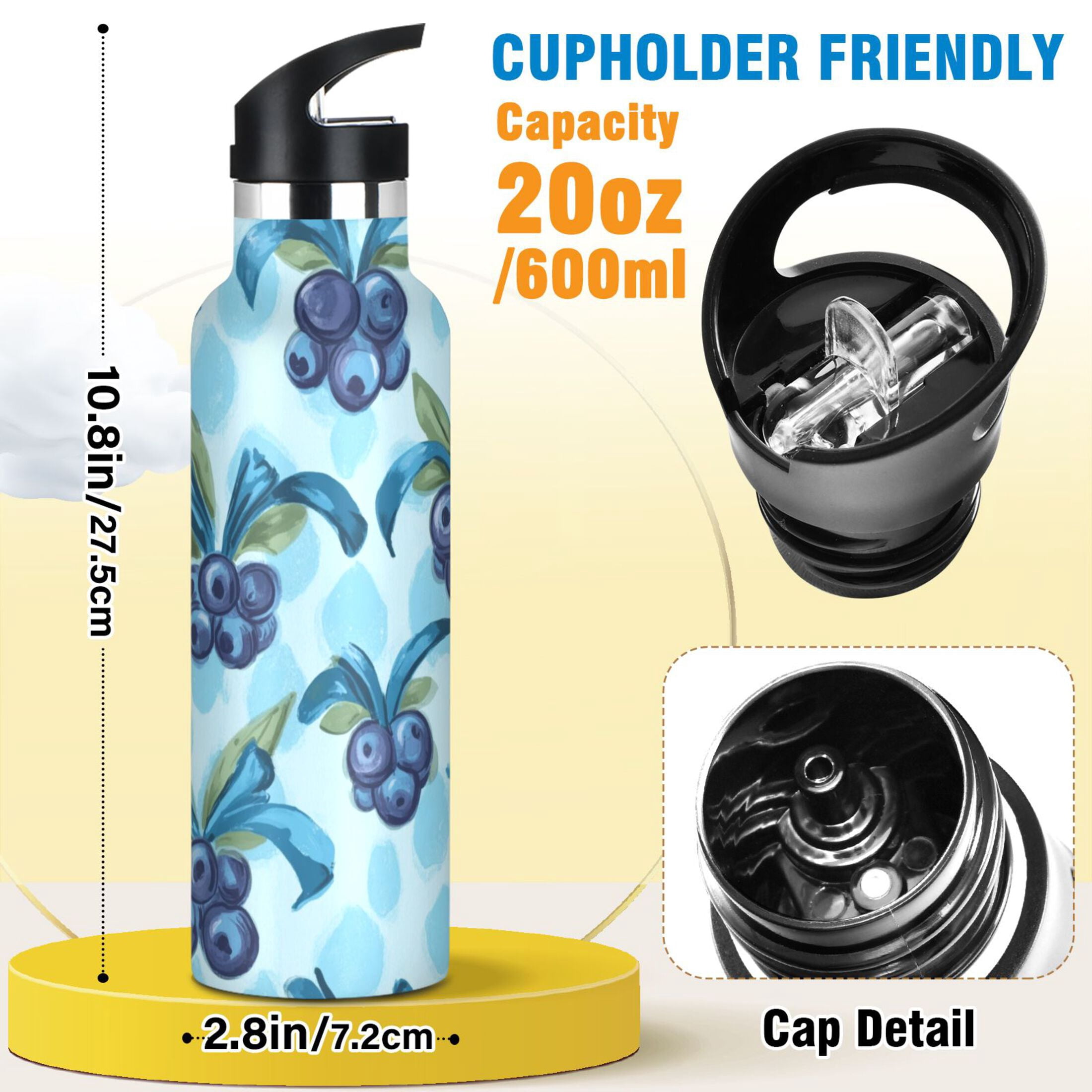 Kids Insulated Stainless Steel Sports Water Bottle 600ml (20oz) Cute Blueberry Pattern