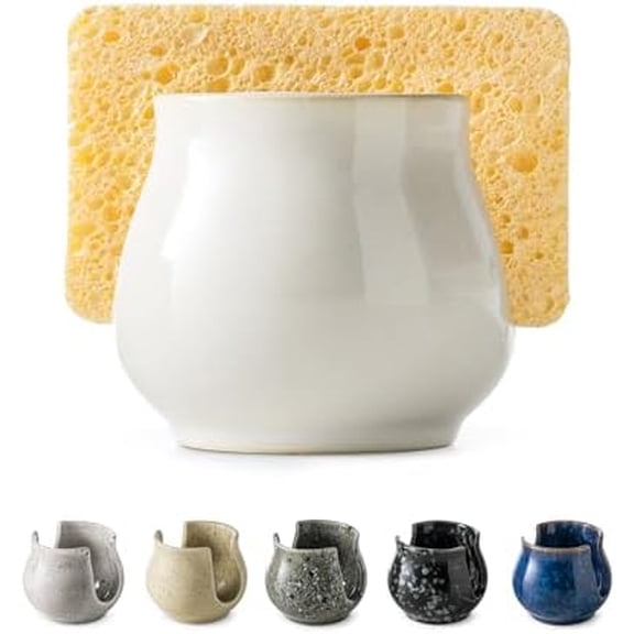 Sponge Holder for Kitchen Sink Counter, Ceramic Dish Sponge Caddy White Sink Organizer Dish Rack Farmhouse Brush Holder for Bathroom, Kitchen, White