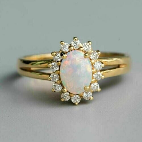 Engagement Halo Floral Ring Oval Cut Fire Opal 14K Yellow Gold Plated Silver Size 6