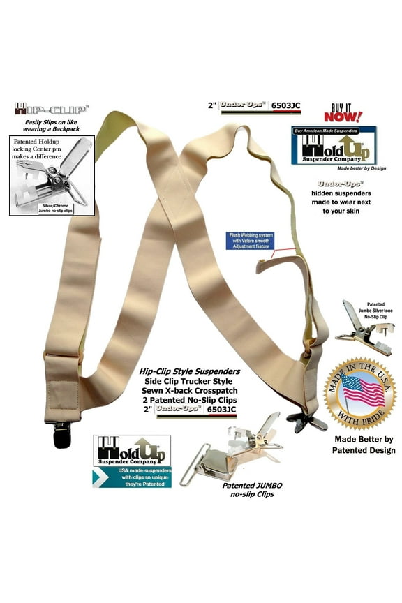 Hip-clip style  2" Wide Holdup Undergarment  hidden Suspenders with Patented No-slip Metal Clips