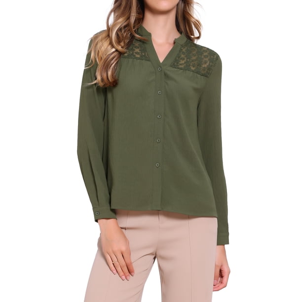 CAMISAS DE ENCAJE INSPIRE CHIC para Mujeres, Blusas Casual de Manga Larga con Cierre de Botones, Tendencia S Verde Ejército
