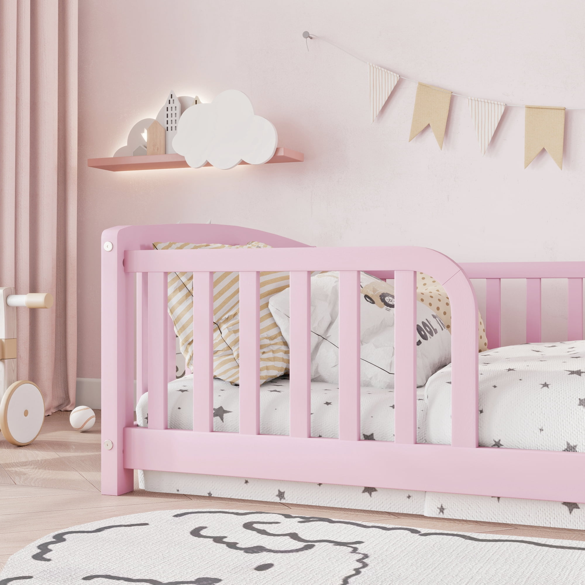 Leumius Twin Size Floor Fence Bed with Central Entrance, Pine Wood Floor Bed with Guardrails for Boys Girls Pink