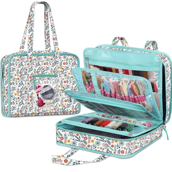 AOMRCOL Sewing and Craft Supplies Storage Tote, Large Capacity Travel Packing Organizer Bag with Clear Pockets and Handle for Knitting, Crochet, Art, Sewing Accessories, Spring Bloom