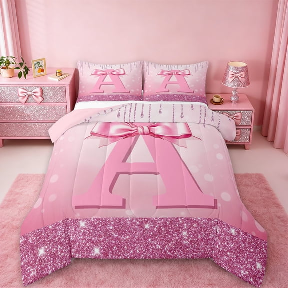jejeloiu Monogrammed A Bedding Comforter Set,Cute Girls Bowtie Twin Comforter Sets,Pink Glitter Print Bedding Set For Child,Microfiber Room Decorative Reversible,2pcs