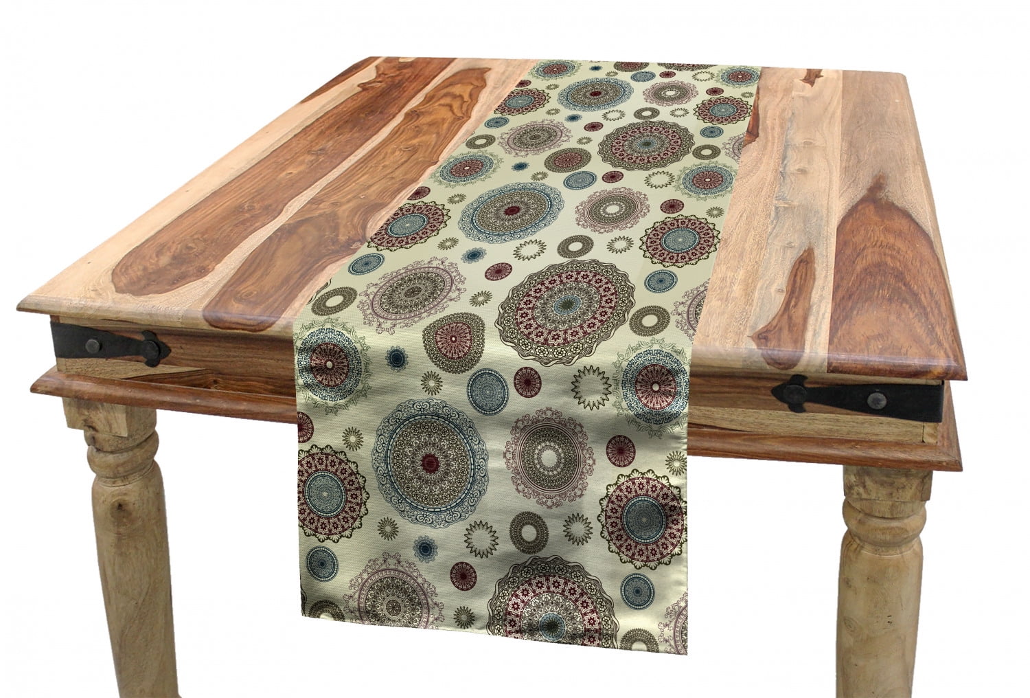 Beige Table Runner, Vintage Ornate Round Motifs Forms Oriental