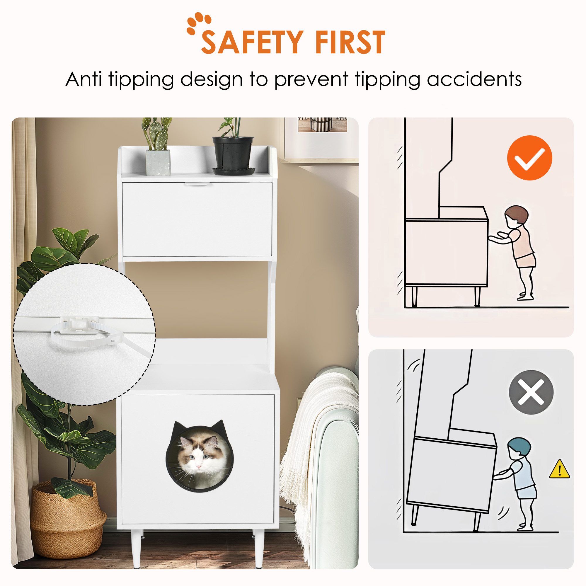 Kadyn 53" Wooden Cat Litter Box Enclosure Furniture with Shelves, Large Hidden Litter Box Cat House Washroom, White