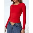 thumbnail image 6 of Women'S Crewneck Long Sleeve Shirt Double Lined Basic Tees Side Ruched Going Out Crop Tops Red XS, 6 of 10