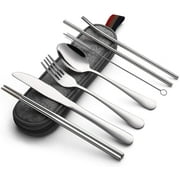 Silver Portable Utensils Silverware Flatware set 8-Piece Cutlery set includes Knife Fork Spoon Chopsticks Straws with Portable bag for Travel Work Camping Picnic Stainless Utensil set (SILVER COLOR)