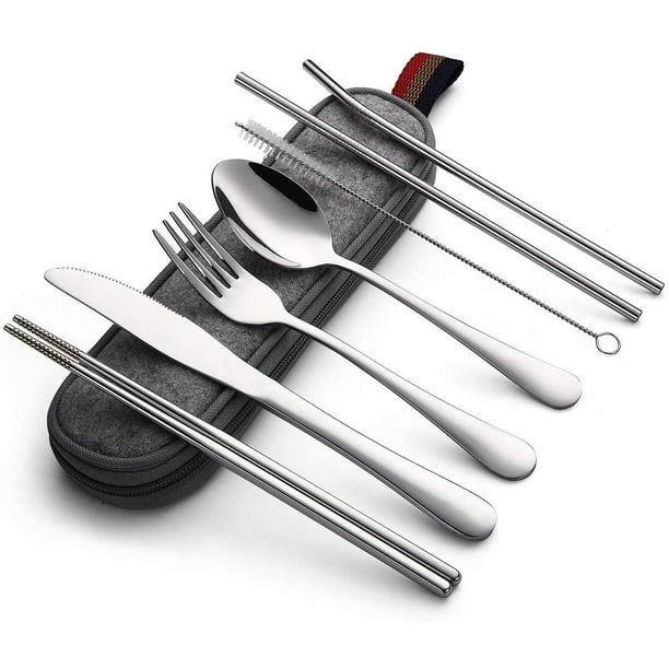 Silver Portable Utensils Silverware Flatware set 8Piece Cutlery set
