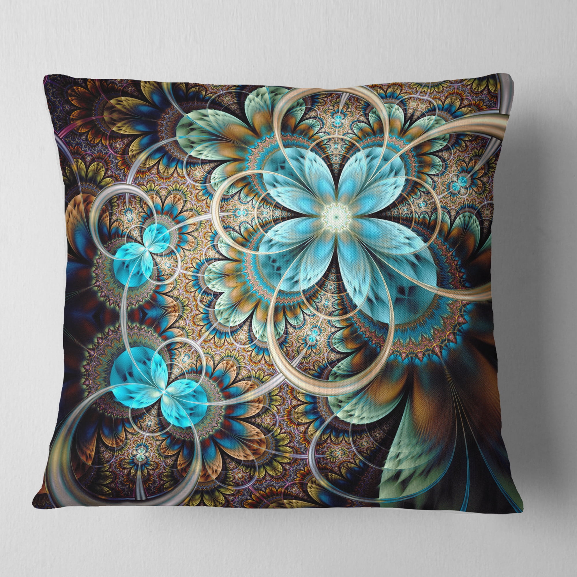Designart Colorful Fractal Flowers with Blue Shade - Abstract Throw Pillow - 18x18