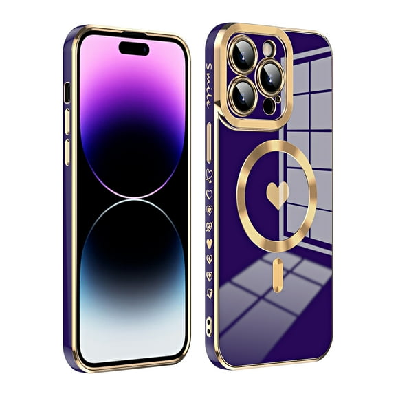 ELEHOLD Plating Magnetic Case for iPhone 13 Pro Max Case Slim Lightweight Cute Heart Plating Pattern Full Camera Lens Protection Compatible with MagSafe Shockproof Cover,purple