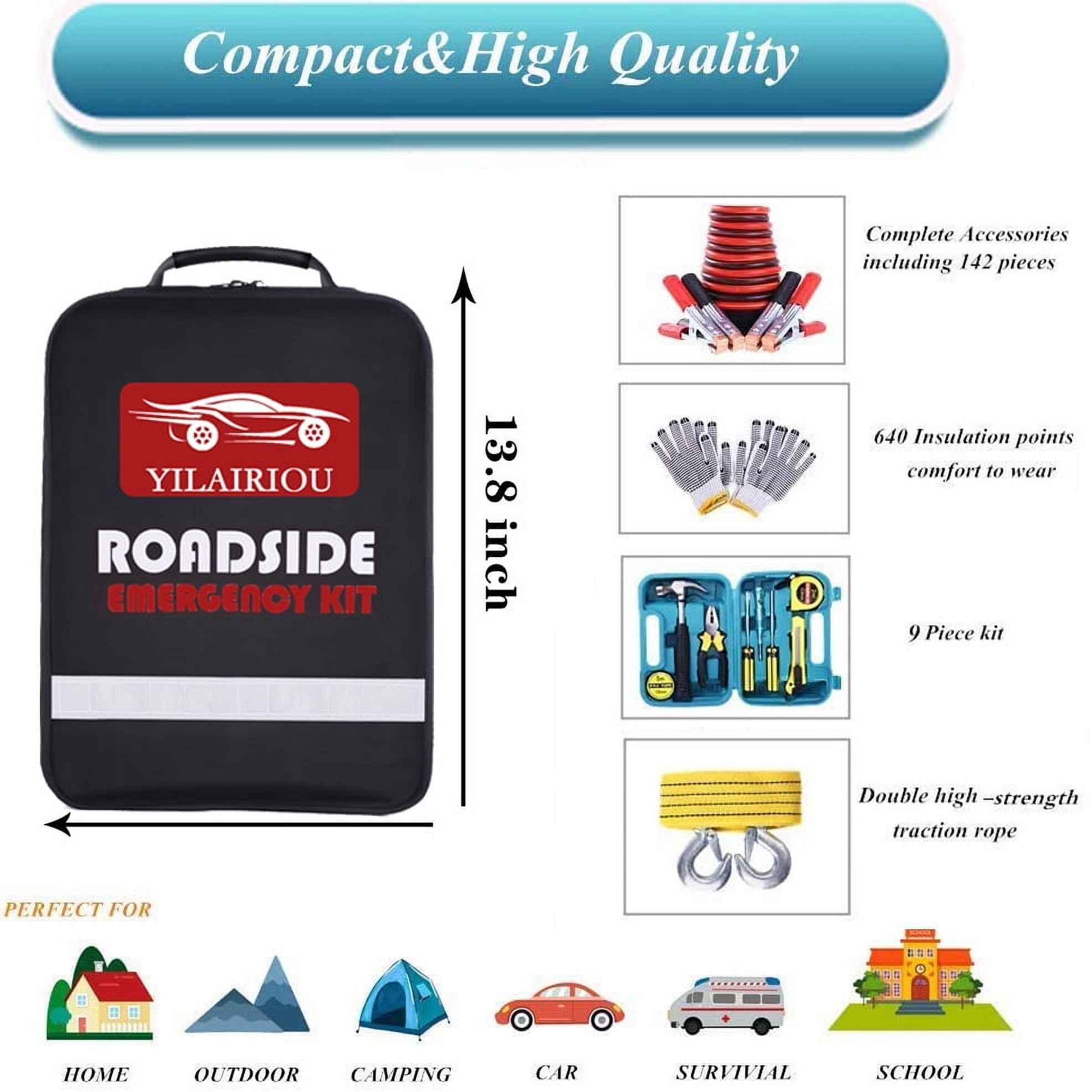 YILAIRIOU Roadside Assistance Emergency Kit, 142-Piece Car Safety Kit with Jumper Cables, Tow Strap, Tools