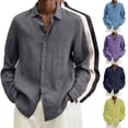 thumbnail image 3 of Men V-neck Long Sleeves T-Shirt Casual Loose Large Size Tops Simple Cotton Linen Solid Color Lapel Shirt, 3 of 8