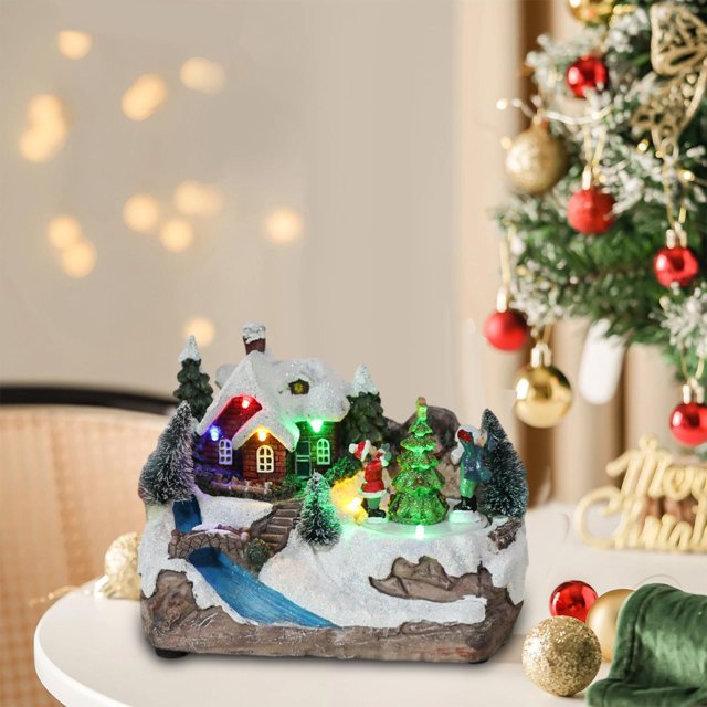 Escena de nieve navideña pueblo iluminado decoración de escritorio en miniatura accesorio fotográfico 16x11x13,5 cm giratorio para dormitorio, sala de Estilo B BLESIY Centros de mesa de escritorio