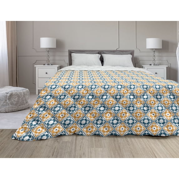 Moroccan Down Alternative Comforter, Geometric Design with Old Rich Royal Elements and Moroccan Star Dark, Microfiber Quilt for All Season, 5 Sizes, Black Cream Blue, by Ambesonne