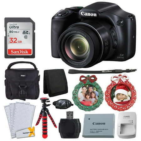 Low Light Camera Set - Canon SX530 HS PowerShot Digital Camera with 50x Optical Zoom & Built-in Wi-Fi (Black) + 32GB Memory Card + Camera Case + Flexible Tripod + Wreath Photo Ornament Green, Red – Holiday Bundle