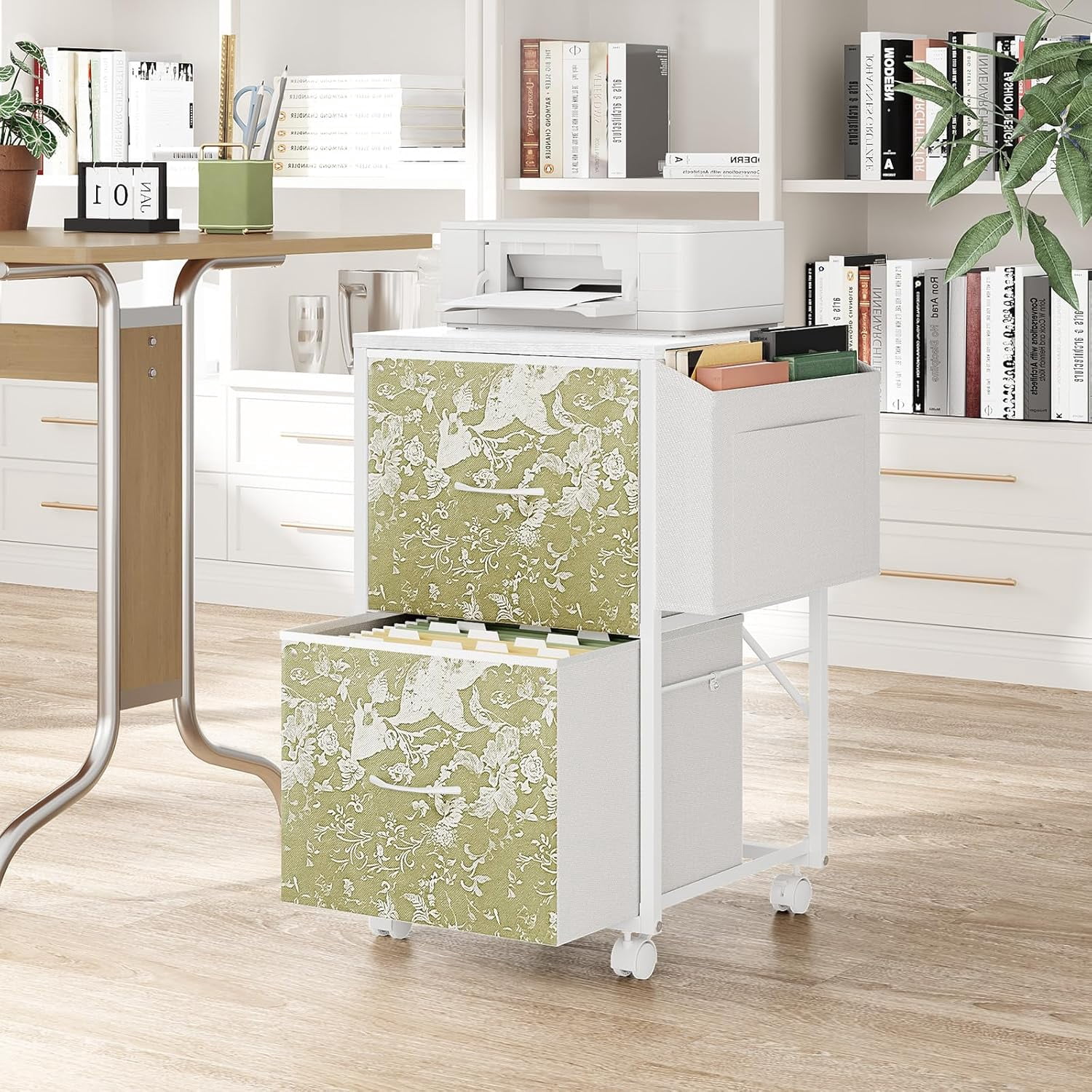 Ktaxon 2-Drawer Rolling File Cabinet with Wheels Side Bag, Fabric Drawers Printer Stand for Home Office, Fits Letter Size, White Green