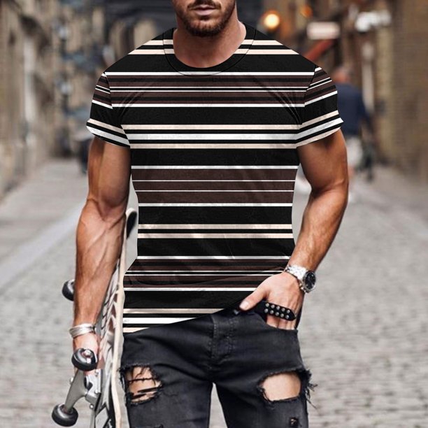 Tops para hombre, blusas y camisas de manga corta con cuello redondo para hombre, blusas de manga corta con cuello redondo y estampado de rayas para hombre, blusa para hombre