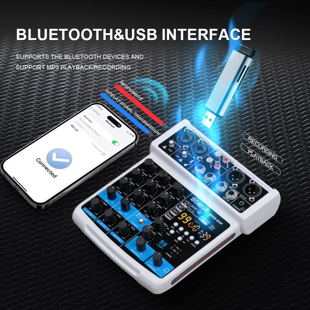 BOMGE 4 Channel mini DJ Audio Sound Mixer Interface with MP3 USB, Bluetooth, Stereo Recording, 48V Phantom Power, 24 DSP for karaoke, performance, church singing  podcas streaming- white