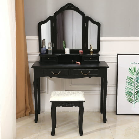 zimtown tri folding mirror wood vanity set bedroom vanities makeup table  dresser 4 drawers with stool