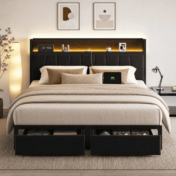 Queen Size Platform Bed Frame with Storage Headboard & Charging Station, LED Light Bedframe with 2 Storage Drawers, No Box Spring Needed, Black