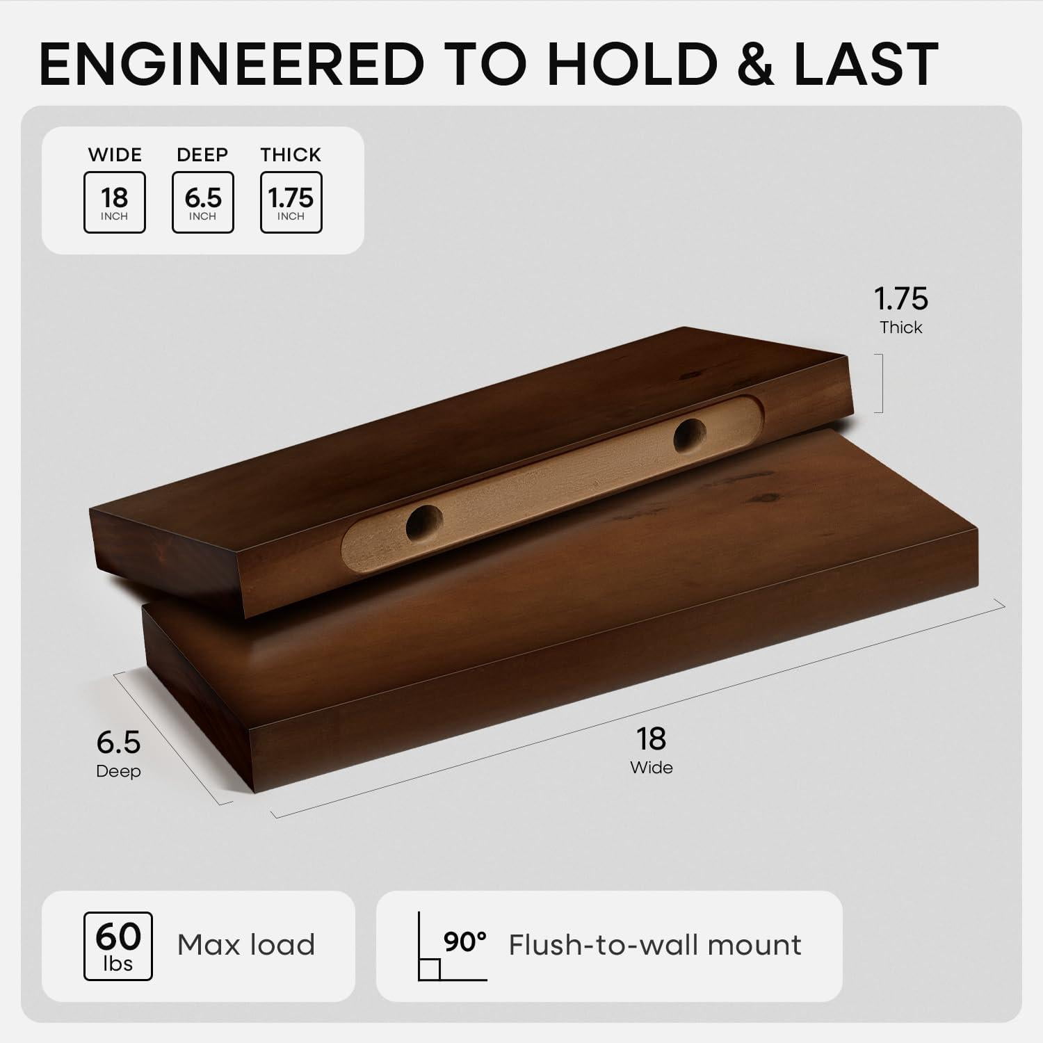Walnut 18 Inch Floating Shelf  High End Solid Real Wood 18inch Shelves For Wall Mounted Dark Brown 18 Inches Long Heavy Duty Bracket 18 X 6.5 1.75 In Set Of 2
