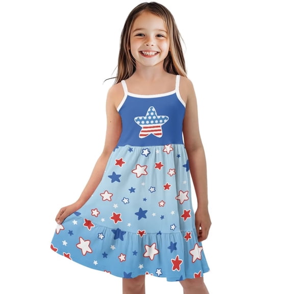 Uourmeti Blue White Red Star Print Girls Spaghetti Strap Dresses 13-14y for Kids Summer Swing Short Dress Patriotic Girls Play Beach Sundress 4th of July Outfit