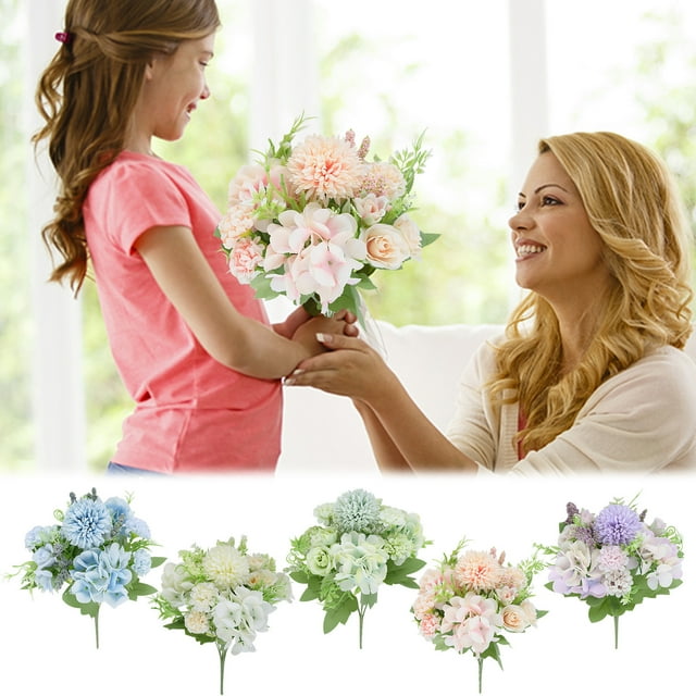 Ramo de rosas de seda - 7 cabezas de flores artificiales con hojas, 32" de altura para la boda y decoración del hogar