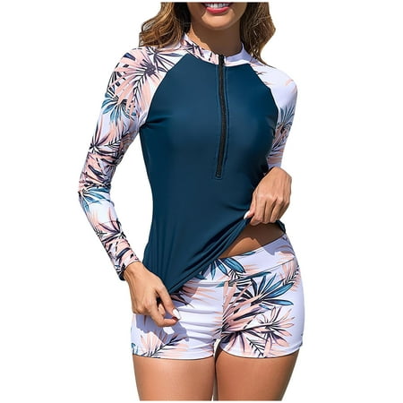 WREESH 2-Piece Women s Zipper Rash Guard Swimsuit Set Long Sleeve Sun Protection Swim Shirt with Boyshorts Bottom  Stretch Bathing Suit for Pool  Surfing & Water Aerobics Blue