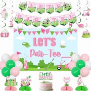 Golf Birthday Decorations for Girls Pink Let’s Par Tee Banner Cake Topper Golf Birthday Backdrop Honeycomb Centerpieces Hanging Swirls for Sports Theme Bday Supplies