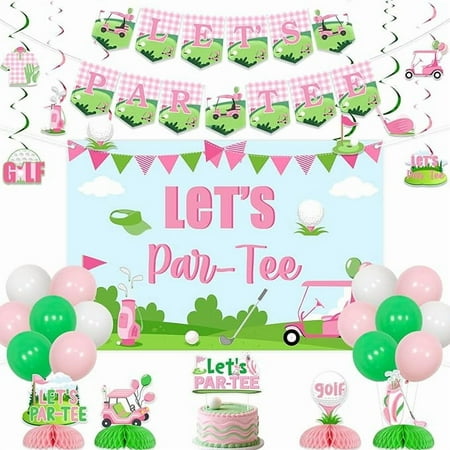 Golf Birthday Decorations for Girls Pink Let’s Par Tee Banner Cake Topper Golf Birthday Backdrop Honeycomb Centerpieces Hanging Swirls for Sports Theme Bday Supplies