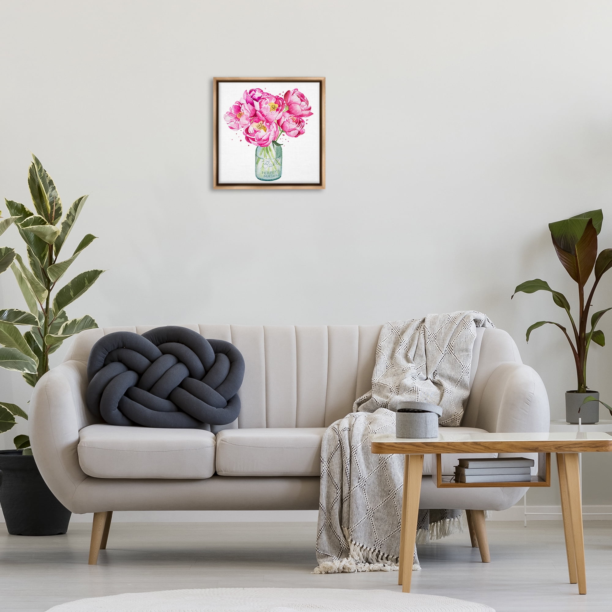 Stupell Industries Pink Peony Jar Botanical & Floral Painting Brown Floater Framed Art Print Wall Art, 18 x 18