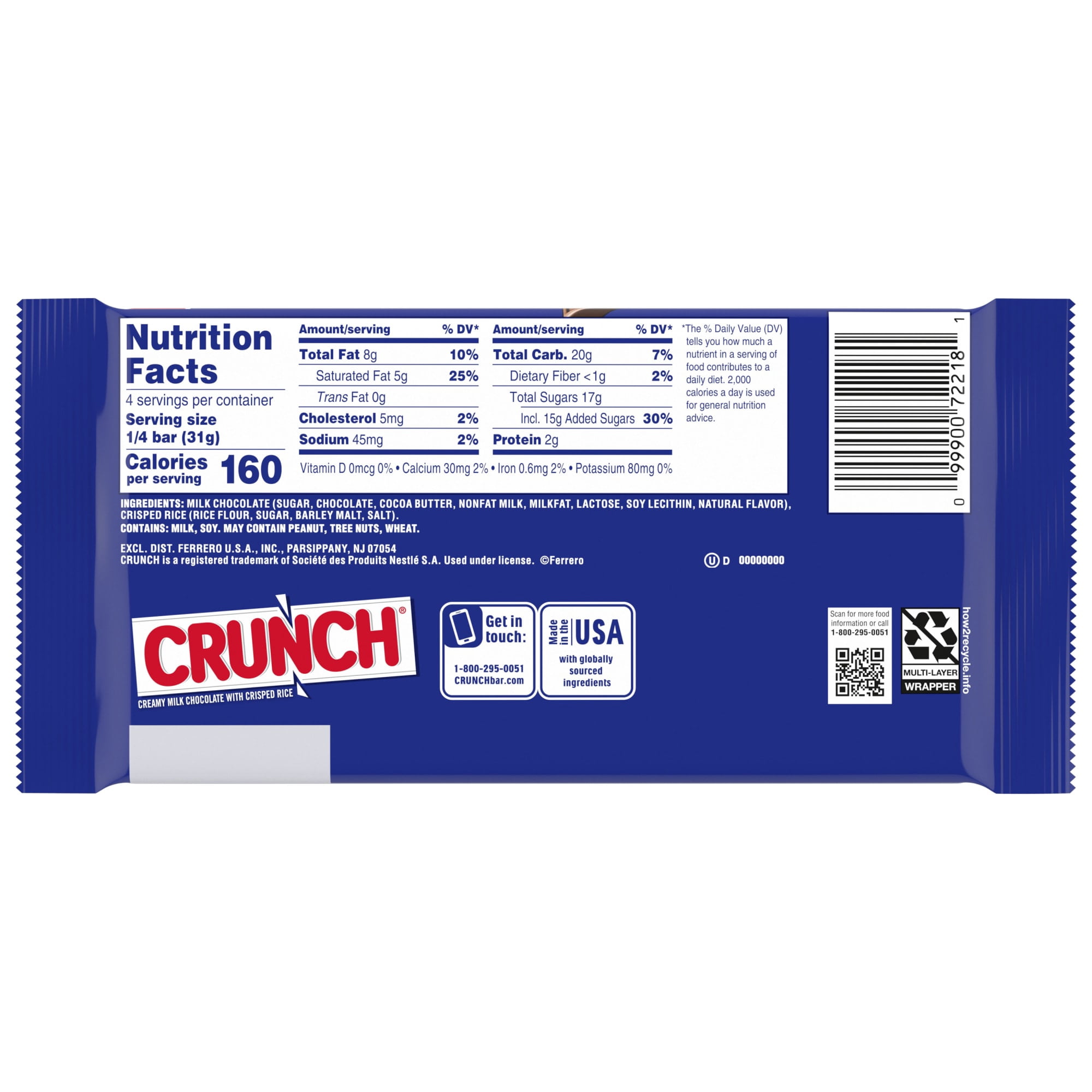 CRUNCH, Milk Chocolate and Crisped Rice, Full Size Candy Bar, 4.4 oz