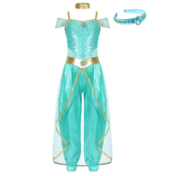 Aislor Girls Belly Dance Party Princess Sequin Jumpsuit with Choker And Gem Headwear Light Green 16