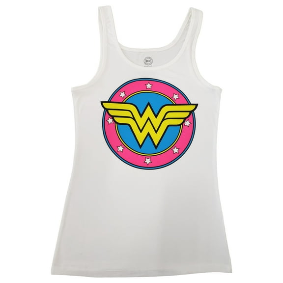 Junior Womens DC Wonder Woman Hot Pink Logo Stars White Tank Top Medium/Large