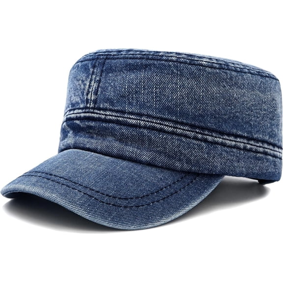Kukuzhu Cadet Army Cap Denim Military Caps Flat Top Hats for Men Women