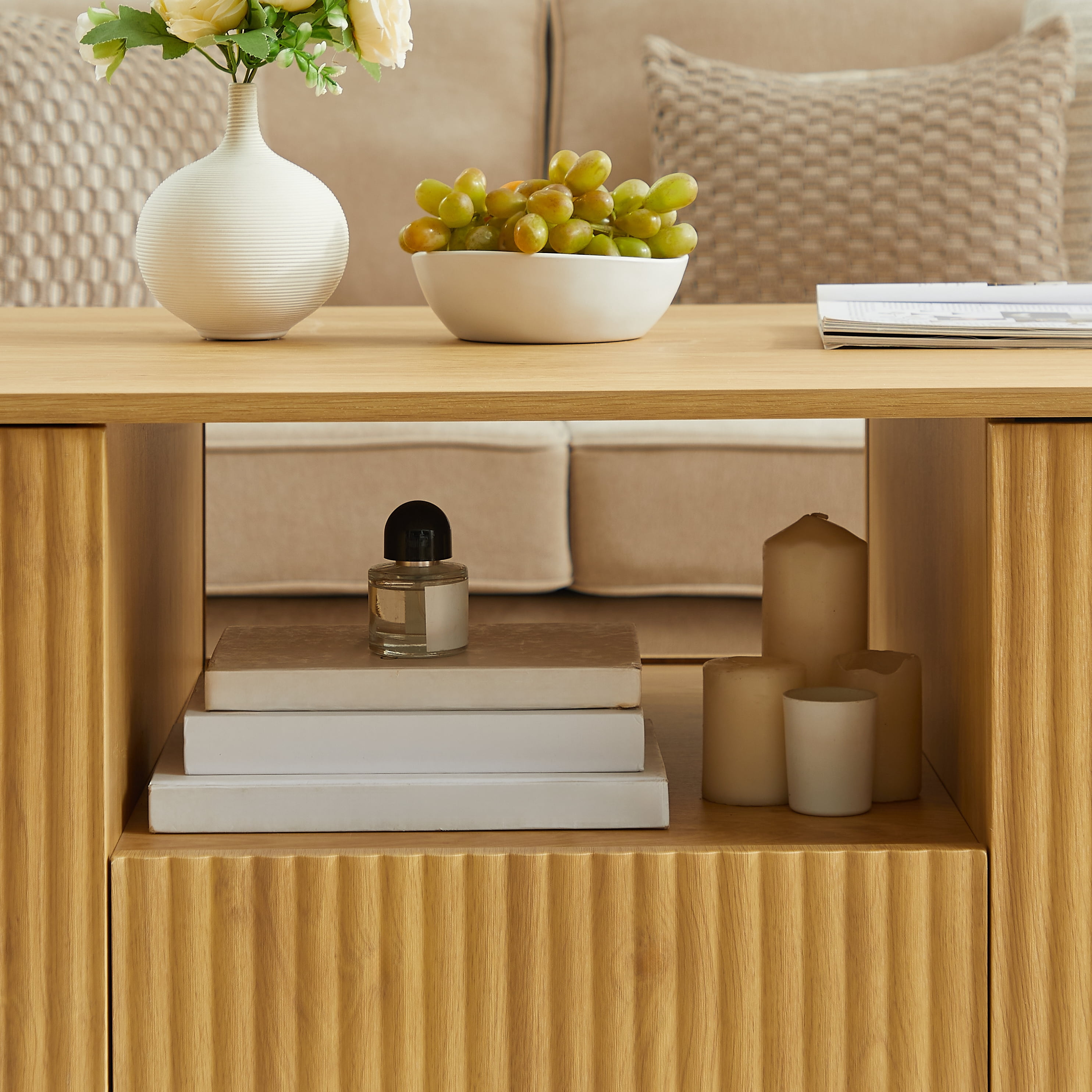 Homy Casa 46.5 in Modern Ripple Coffee Table with Doors Drawer and Open Shelf for Living Room Natural Oak